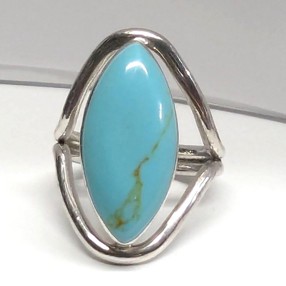Vtg ATI BR Mexico Faux Turquoise Ring Plus Size 9 Silver Tone Marquise Cabochon
